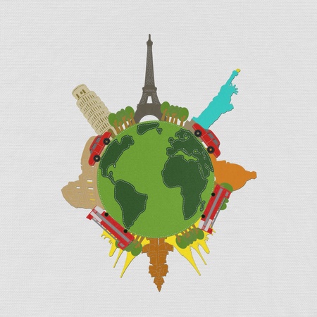 World travel concept with stitch style on fabric background の写真素材