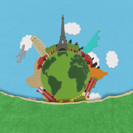 World travel concept with stitch style on fabric background の写真素材