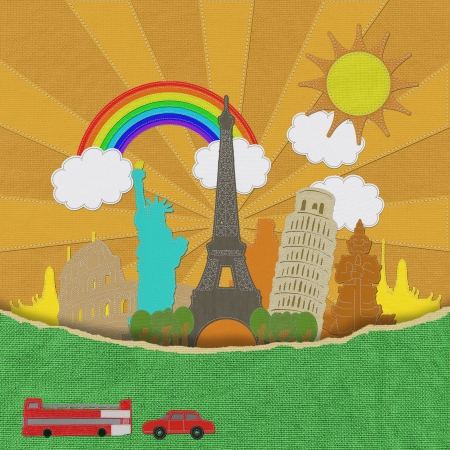 World travel concept with stitch style on fabric background の写真素材