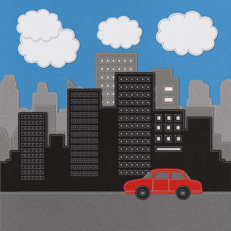 Building and car with stitch style on fabric backgroundの写真素材