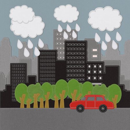 Building and car with stitch style on fabric backgroundの写真素材