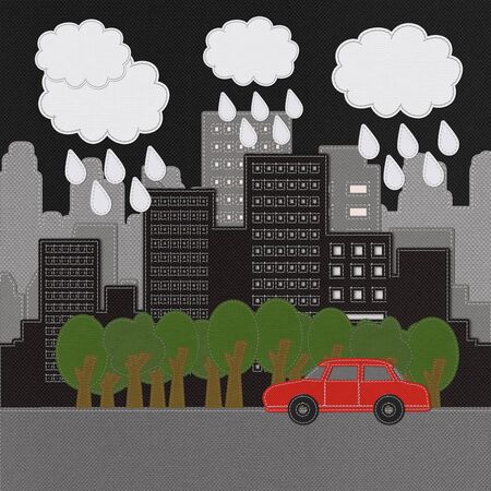 Building and car with stitch style on fabric backgroundの写真素材