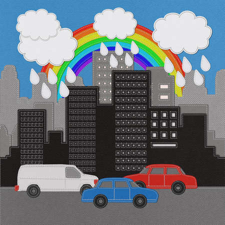 Building and car with stitch style on fabric backgroundの写真素材