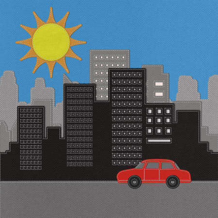 Building and car with stitch style on fabric backgroundの写真素材