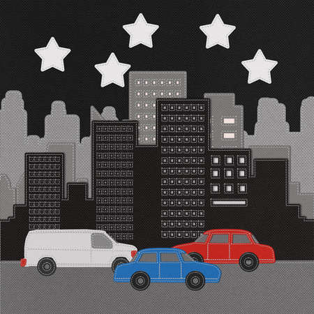 Building and car with stitch style on fabric backgroundの写真素材