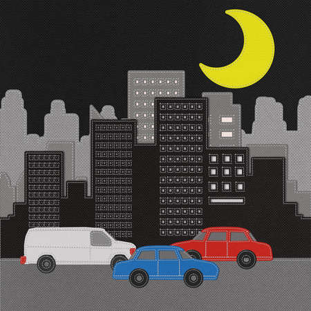 Building and car with stitch style on fabric backgroundの写真素材