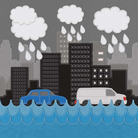 Building and car with stitch style on fabric backgroundの写真素材