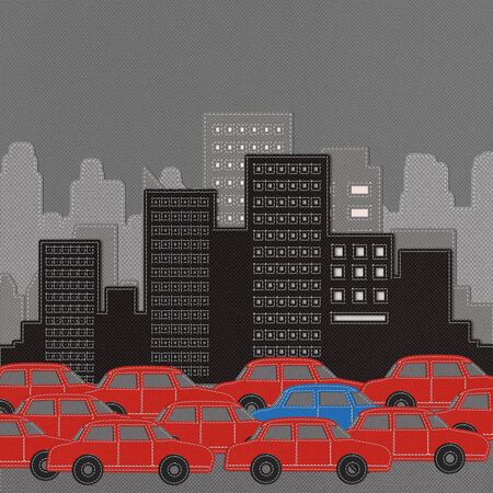 Building and car with stitch style on fabric backgroundの写真素材