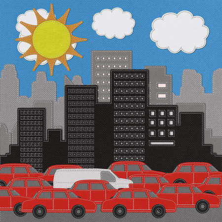 Building and car with stitch style on fabric backgroundの写真素材