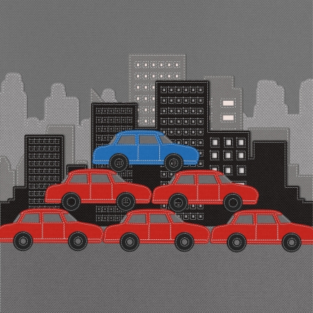 Building and car with stitch style on fabric backgroundの写真素材