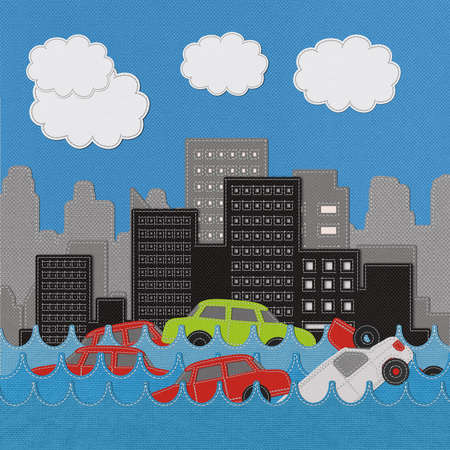 Building and car with stitch style on fabric backgroundの写真素材