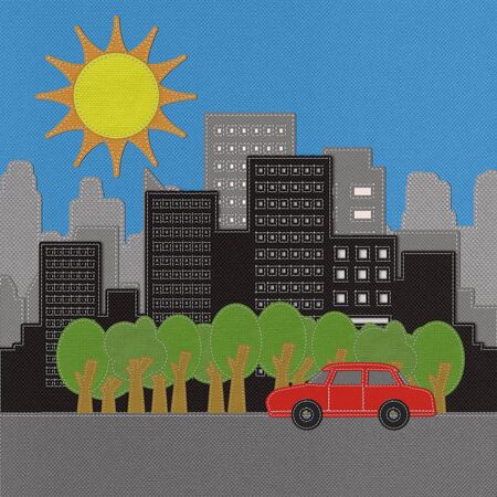 Building and car with stitch style on fabric backgroundの写真素材