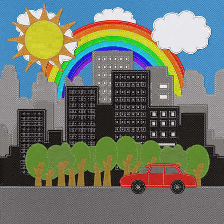 Building and car with stitch style on fabric backgroundの写真素材