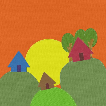 Moutain landscape in stitch style on fabric backgroundの写真素材