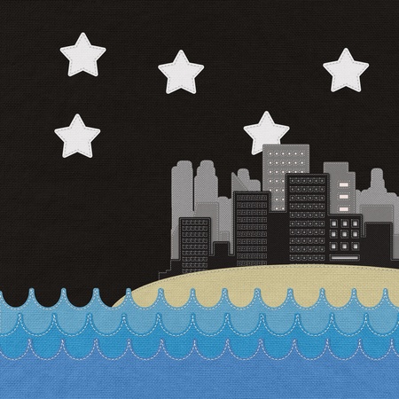 Sea scape and city with stitch style on fabric backgroundの写真素材