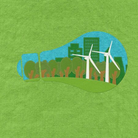 ECO concept inside bulb with stitch style on fabric backgroundの写真素材
