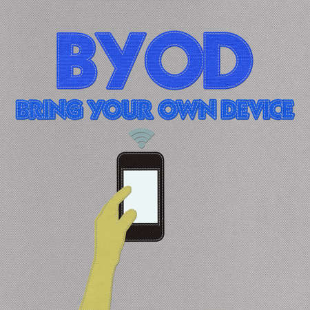 Bring Your Own Device concept with stitch style on fabric backgroundの写真素材