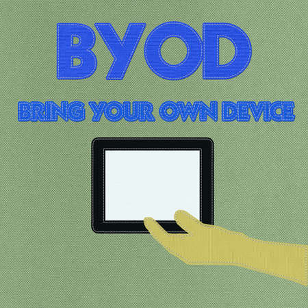 Bring Your Own Device concept with stitch style on fabric backgroundの写真素材
