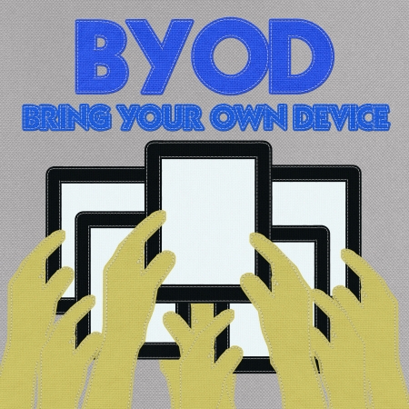 Bring Your Own Device concept with stitch style on fabric backgroundの写真素材
