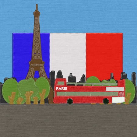 Eiffel tower, Paris. France in stitch style on fabric backgroundの写真素材