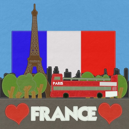 Eiffel tower, Paris. France in stitch style on fabric backgroundの写真素材