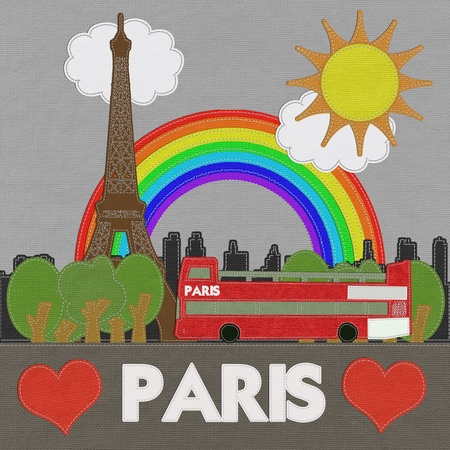 Eiffel tower, Paris. France in stitch style on fabric backgroundの写真素材