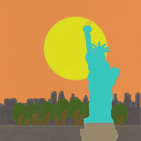 Statue of Liberty in stitch on fabric backgroundの写真素材