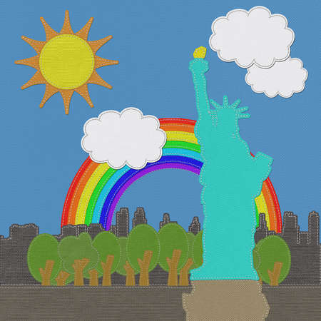 Statue of Liberty in stitch on fabric backgroundの写真素材