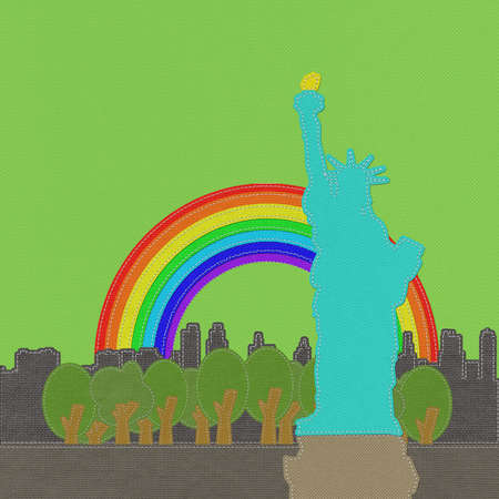 Statue of Liberty in stitch on fabric backgroundの写真素材