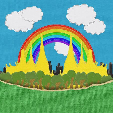 Thailand travel concept withi stitch style on fabric backgroundの写真素材