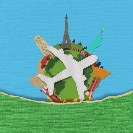 World travel concept with stitch style on fabric background の写真素材