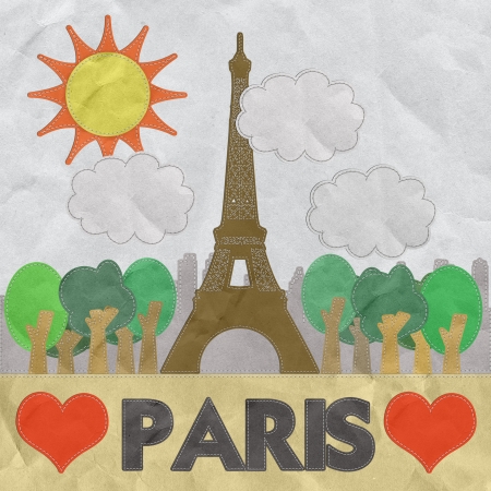 Eiffel tower, Paris. France in stitch style on paper texture backgroundの写真素材