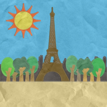 Eiffel tower, Paris. France in stitch style on paper texture backgroundの写真素材