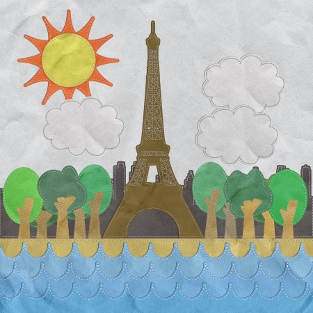 Eiffel tower, Paris. France in stitch style on paper texture backgroundの写真素材