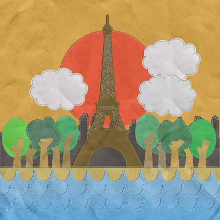 Eiffel tower, Paris. France in stitch style on paper texture backgroundの写真素材
