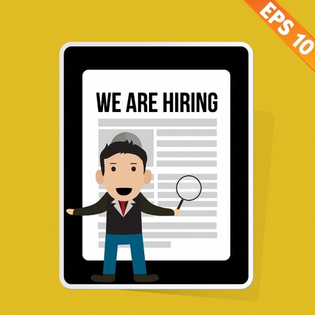 Business man with magnifier Enlarges job on Tablet - Vector illustration のイラスト素材