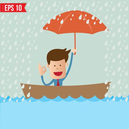 Business cartoon holding umbrella on boat for safety concept - Vector illustration - EPS10 のイラスト素材