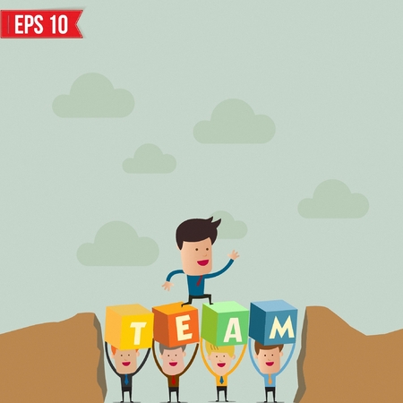Businessman walking across the hill with help of teammates below - Vector illustrationのイラスト素材
