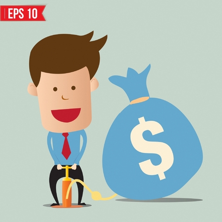 Cartoon Business man pumping money balloon - Vector illustrationのイラスト素材