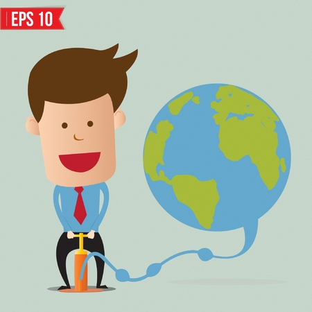 Cartoon Business man pumping earth balloon - Vector illustrationのイラスト素材