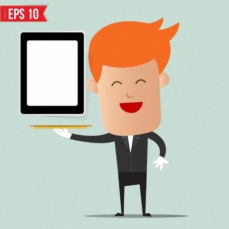 Waiter serving mobile device - Vector illustrationのイラスト素材