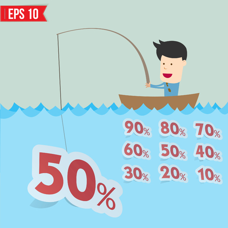 Cartoon businessman catching sale tag  in the sea - Vector illustration のイラスト素材