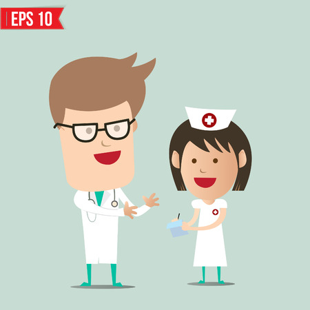Cartoon Doctor explain report to nurse  - Vector illustration のイラスト素材