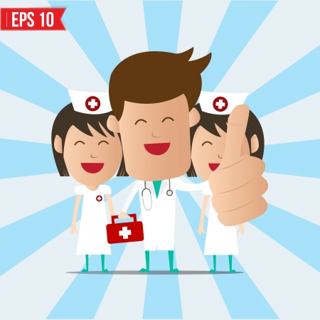 Cartoon doctor and nurse smile and  show thumb up - Vector illustrationのイラスト素材