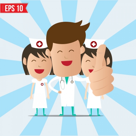 Cartoon doctor and nurse smile and  show thumb upのイラスト素材