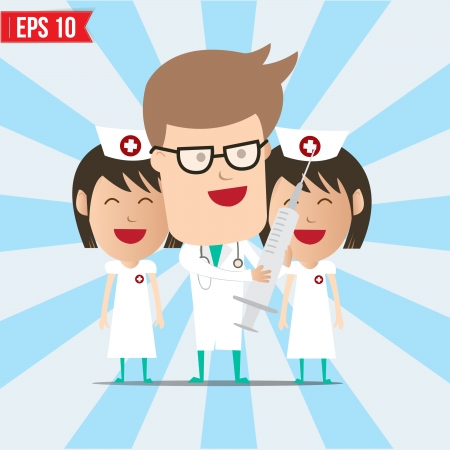 Cartoon doctor and nurse smile and using syringe - Vector illustration のイラスト素材
