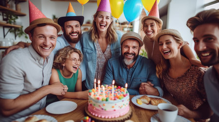 Group of young people celebrating birthday and blowing out candles on cake.の素材