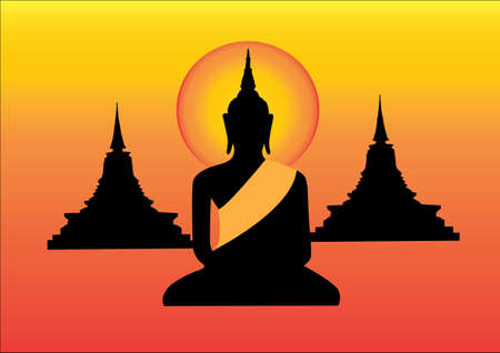 Black Buddha statue and pagoda yellow backgroundのイラスト素材
