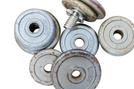 Fitness equipment dumbbell weights on background isolateの写真素材