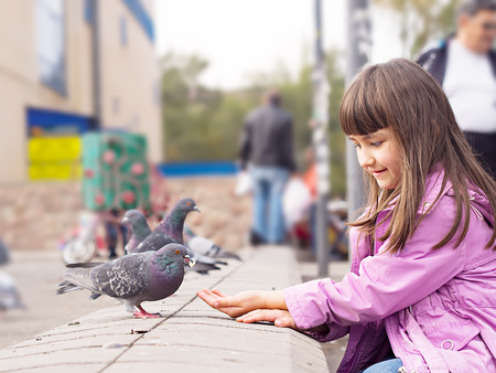Small caucasian girl feeding pigeonsの写真素材